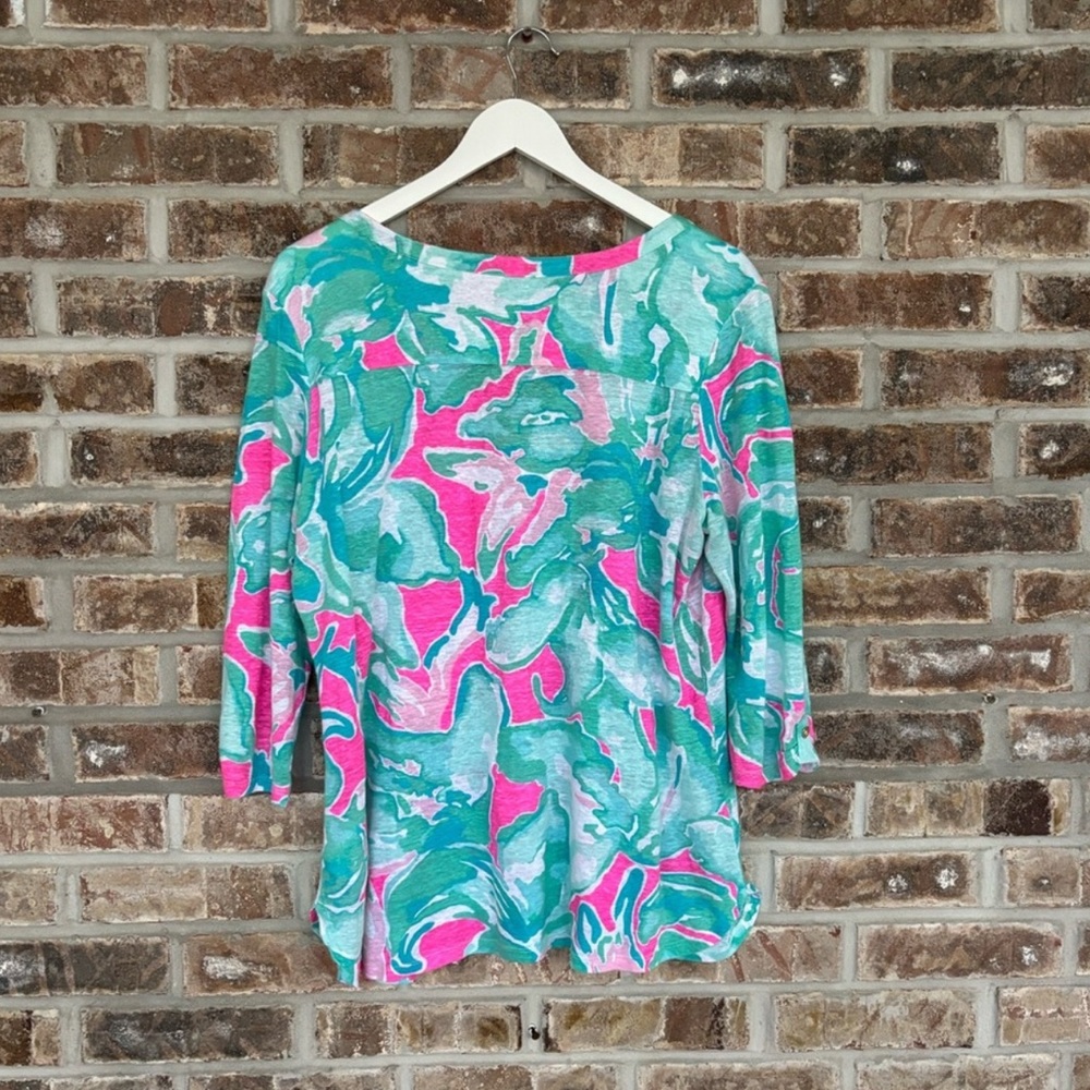 LILLY PULITZER Mindy Tunic Top Tropical Pink Sands V-Neck Linen Shirt Medium - Picture 2 of 11
